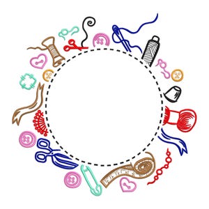 May include: A circular design featuring various sewing tools and accessories. The image includes scissors, spools of thread, buttons, a thimble, a measuring tape, and a safety pin, all in a colorful, hand-drawn style. The design is outlined with a dashed circle.