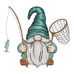 May include: A green gnome with a white beard is holding a fishing rod and a net. The gnome is wearing a blue hat and has a fish on the end of the fishing rod.