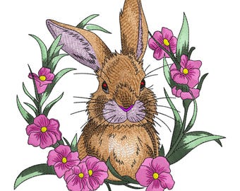 Easter Bunny with Flowers Embroidery Design (Machine Embroidery File)