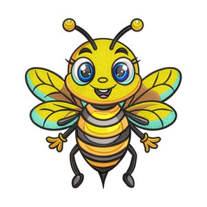 Peut inclure: Une abeille de dessin animé avec des rayures jaunes et noires, des yeux bleus et un grand sourire. L'abeille a de grandes ailes jaunes avec une bordure bleu clair.