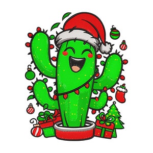 May include: A green cactus wearing a red Santa hat and decorated with Christmas lights and ornaments. The cactus is smiling and has a red pot.