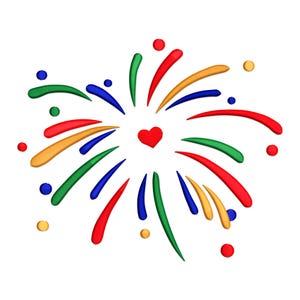 Puede incluir: Un diseño de fuegos artificiales colorido con un corazón rojo en el centro. El diseño presenta líneas y puntos curvos rojos, verdes, azules y amarillos, todo sobre un fondo blanco. Este gráfico festivo es adecuado para varios proyectos de manualidades.