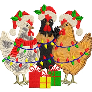 Christmas Chickens Embroidery Design, Christmas Chickens with Christmas Lights, Santa hat and Giftbox Machine Embroidery Design.
