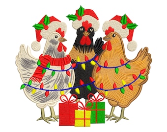 Diseño de bordado de pollitos navideños: gorros y luces de Papá Noel (PES, DST, EXP)