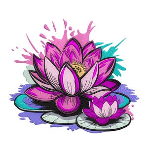May include: A pink and purple lotus flower with a yellow center, surrounded by water lily pads and colorful watercolor splatter.