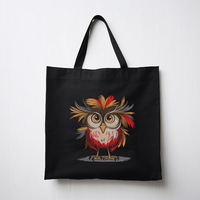 Pu&ograve; includere: Borsa tote nera con un designo di gufo ricamato. Il gufo ha piume rosse, arancioni, gialle e marroni. Gli occhi del gufo sono grandi e rotondi, e ha un piccolo becco.
