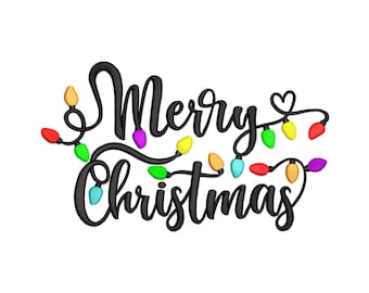 Merry Christmas Embroidery Design, Merry Christmas with Christmas Lights Machine Embroidery Design, Christmas Embroidery File.