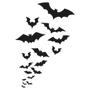 Puede incluir: Una ilustraci&oacute;n en blanco y negro de una bandada de murci&eacute;lagos volando en diagonal. Los murci&eacute;lagos son de diferentes tama&ntilde;os y est&aacute;n dispuestos en un patr&oacute;n en cascada.