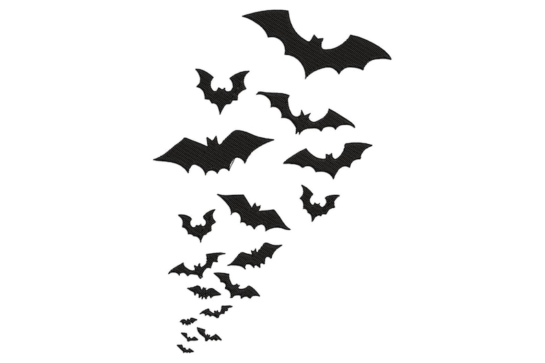 Puede incluir: Una ilustraci&oacute;n en blanco y negro de una bandada de murci&eacute;lagos volando en diagonal. Los murci&eacute;lagos son de diferentes tama&ntilde;os y est&aacute;n dispuestos en un patr&oacute;n en cascada.