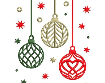 May include: Three hanging Christmas ornaments in green, gold, and red, with star and circle accents. The ornaments have intricate designs, including a heart shape in the red ornament. Festive holiday decor.