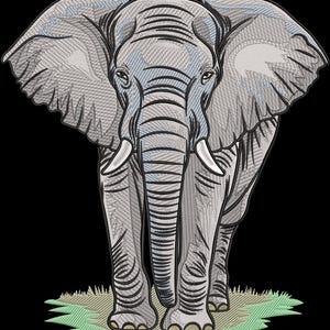 May include: A detailed illustration of a gray elephant with large ears and a long trunk. The elephant is standing on a patch of green grass.