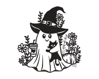 Halloween Ghost Embroidery Design, Floral, Coffee, Cat (Digital Download)