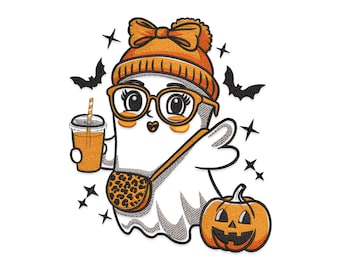 Halloween Ghost Embroidery Design, Girl with Coffee and Pumpkin