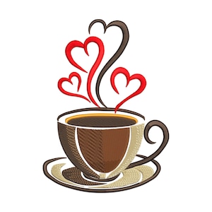 May include: A brown coffee cup with a saucer and steam rising in the shape of three red hearts.