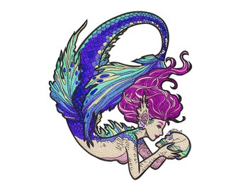 Diseño de bordado de sirena con calavera, archivo PES de la reina sirena