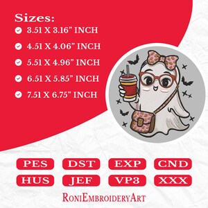 May include: Embroidery design of a cute ghost holding a cup of coffee and a small purse with a pink and brown leopard print. The design is available in five sizes: 3.51 x 3.16 inches, 4.51 x 4.06 inches, 5.51 x 4.96 inches, 6.51 x 5.85 inches, and 7.51 x 6.75 inches. The design is available in the following formats: PES, DST, EXP, CND, HUS, JEF, VP3, and XXX.