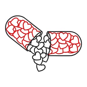 May include: An illustration of a black and red capsule spilling out heart shapes. The capsule is black with a red outline, and the hearts are red and black. The image is on a white background.