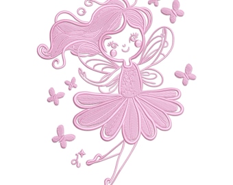 May include: A pink fairy with long flowing hair and a flower-shaped skirt, surrounded by butterflies.