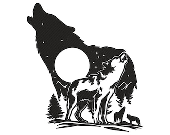 Wolf Howling at Moon Embroidery Design (Digital Download)