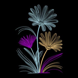 Puede incluir: Ilustración digital de tres flores estilizadas con detalles lineales sobre un fondo negro. Las flores son en tonos de azul claro, morado y dorado, con tallos y hojas verdes y moradas. La obra de arte tiene una apariencia delicada y esbozada.