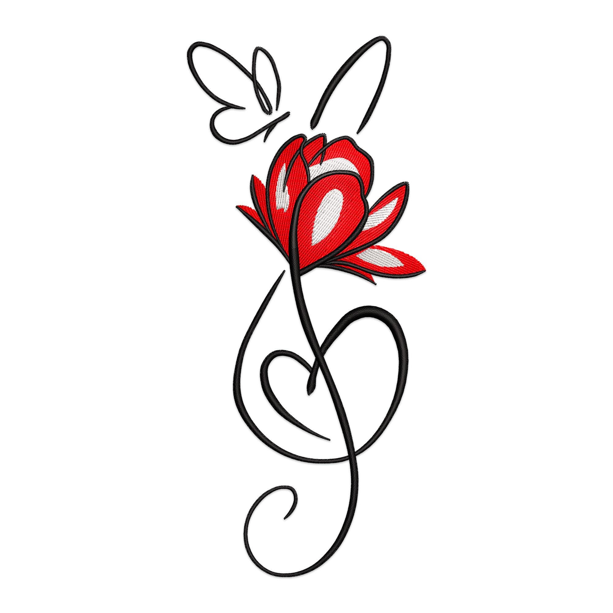 Red Lotus Flower Embroidery Design: Butterfly & Heart Floral Art ...