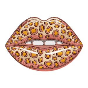 May include: A stylized illustration of a pair of lips with a leopard print pattern. The lips are outlined in a reddish-brown color, with the interior filled with tan and brown spots. The teeth are white.
