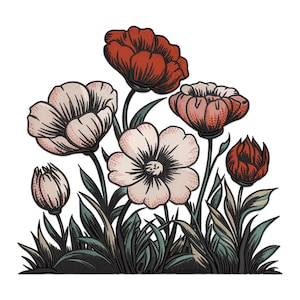 Flower Embroidery Design, Wildflower Meadow Machine Embroidery Design, Daisy and Clover Embroidery Pattern, Meadow Wild Flowers PES File.