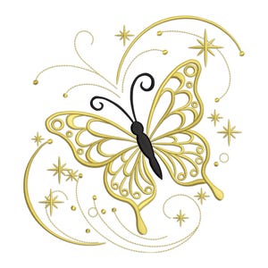 May include: A gold butterfly with intricate details is surrounded by swirling lines and stars. The butterfly has black antennae and a black body.