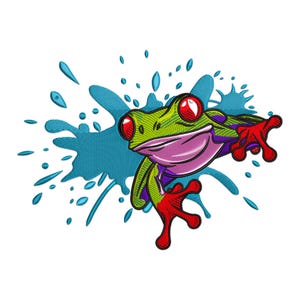 Könnte beinhalten: Ein grüner, roter und lila Frosch mit roten Augen springt aus einem blauen Wasserspritz heraus. Der Frosch hat einen rosa Bauch und ist im Cartoon-Stil gehalten.