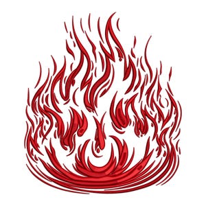 May include: A stylized red flame design with multiple curved lines and pointed tips. The artwork features a vibrant, fiery appearance, with varying shades of red creating depth and dimension. The design is suitable for embroidery or graphic applications.