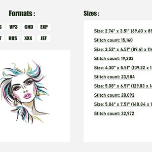 Puede incluir: Un dise&ntilde;o de bordado digital de la cara de una mujer con cabello y aretes coloridos. El dise&ntilde;o est&aacute; disponible en m&uacute;ltiples formatos y tama&ntilde;os, incluyendo PES, VP3, CND, EXP, DST, HUS, XXX y JEF. El dise&ntilde;o es aproximadamente de 2,74 pulgadas por 3,51 pulgadas y tiene un conteo de puntadas de 15,160.