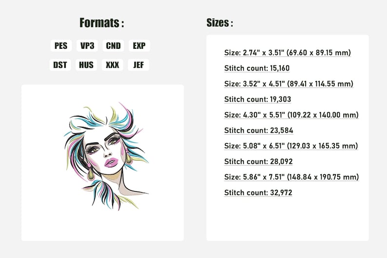 Puede incluir: Un dise&ntilde;o de bordado digital de la cara de una mujer con cabello y aretes coloridos. El dise&ntilde;o est&aacute; disponible en m&uacute;ltiples formatos y tama&ntilde;os, incluyendo PES, VP3, CND, EXP, DST, HUS, XXX y JEF. El dise&ntilde;o es aproximadamente de 2,74 pulgadas por 3,51 pulgadas y tiene un conteo de puntadas de 15,160.