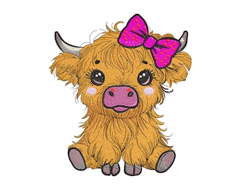 Borduurontwerp baby Highland Cow: machineborduurbestand boerderijdieren