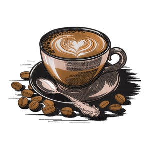 May include: A brown and white coffee cup with a heart-shaped design in the foam, sitting on a saucer with a spoon. The cup is surrounded by coffee beans.