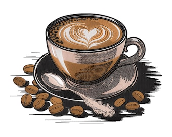 Coffee Cup with Heart Embroidery Design: PES File (Digital Download)