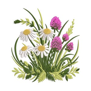Blumen Stickdatei, Wildblumen Wiese Maschinenstickmuster, Gänseblümchen und Klee Wiese Wildblumen PES-Datei.