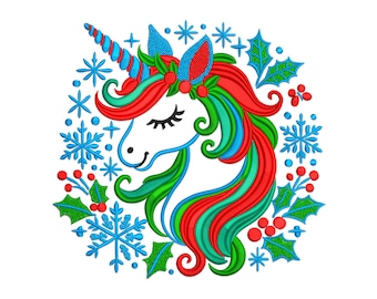 May include: A white unicorn head with a red, green, and blue mane and horn. The unicorn is surrounded by holly leaves, red berries, and blue snowflakes.