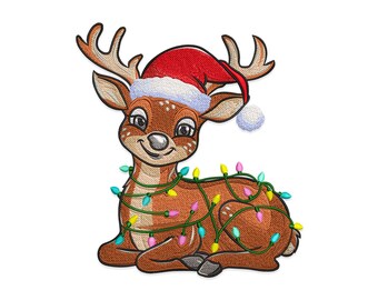 Christmas Reindeer Embroidery Design: Santa Hat, Lights (Embroidery File)