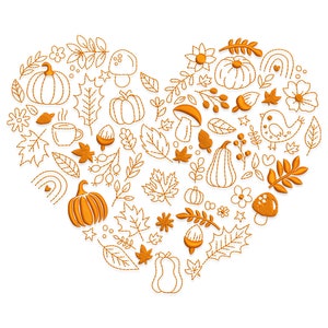 May include: An orange and white illustration of a heart shape filled with autumn-themed elements. The design includes pumpkins, leaves, acorns, mushrooms, flowers, and a bird, all outlined with a stitched effect, perfect for fall decor.