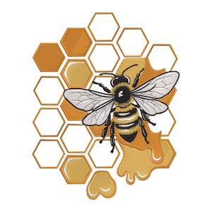 Puede incluir: Una abeja amarilla y negra con las alas extendidas, posada sobre un panal con miel goteando. El panal está formado por celdas hexagonales.
