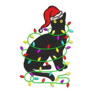 Black Cat with Christmas Lights Embroidery Design, Cat With Christmas Lights Machine Embroidery Design, Black Cat Christmas Embroidery File.