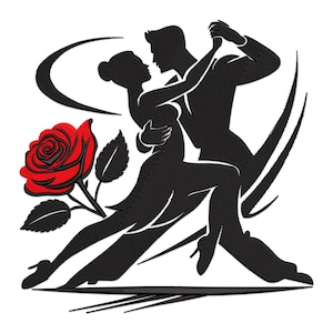 May include: Silhouette of a couple dancing, the woman in a long dress and the man in a suit, with a red rose in the foreground.