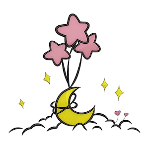Moon with Stars Embroidery Design, Moon with Star Balloons Machine Embroidery Design, Whimsical Moon and Star Embroidery File.