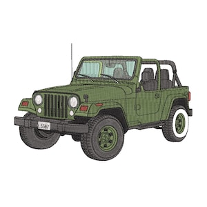 May include: An olive green off-road vehicle embroidery design featuring a seven-slot grille, round headlights, a black front bumper, and a number plate reading L5587. The vehicle has a roll cage, open sides, and dark tyres with green rims.