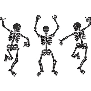 May include: Three black skeleton figures dancing with their arms raised in the air. The skeletons are outlined in black and have a 3D effect.