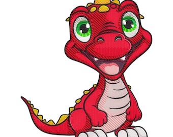 May include: A cartoon illustration of a friendly red dragon with green eyes, a yellow crest, and a smiling expression. The dragon has a red body with yellow accents and white claws. The image is set against a white background.
