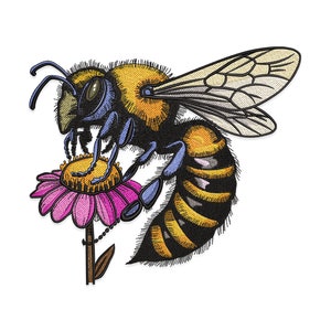 Bee Embroidery Design, Floral Honeybee Machine Embroidery Design, Floral Honeybee with Flower Embroidery Design, Honeybee and Bloom Design.