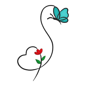 Könnte beinhalten: Ein schwarzes Liniendesign mit einer Herzform, einer roten Blume mit grünen Blättern und einem türkisfarbenen Schmetterling. Der Schmetterling befindet sich oben und die Blume in der Nähe der Herzform. Das Design befindet sich auf weißem Hintergrund.