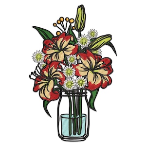 Flowers in Glass Jar Embroidery Design, Flowers In Mason Jar Machine Embroidery Design, Floral Arrangement Embroidery File.