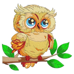 Pode incluir: Uma coruja de desenho animado com grandes olhos azuis e penas amarelas está empoleirada em um galho com folhas verdes. A coruja tem um bico vermelho e marcas laranja e vermelhas em suas asas.